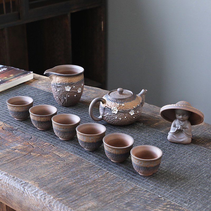 中式粗陶功夫茶具套装整套陶瓷家用办公茶壶杯子公道杯茶漏复古配