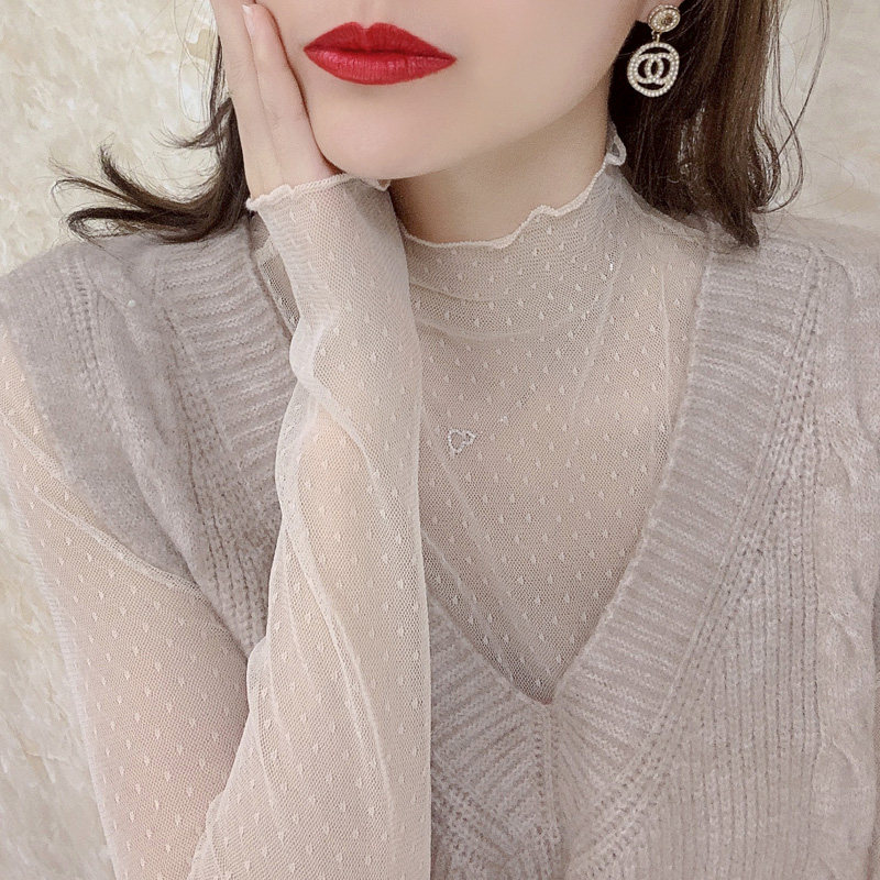 透明黑色高领蕾丝打底衫女内搭2021春款洋气性感波点毛衣内搭网纱