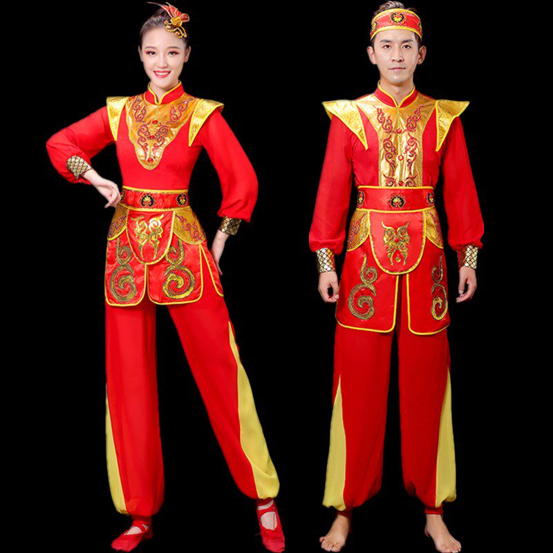 新款打鼓服演出服中国风成人腰鼓水鼓舞锣鼓队舞蹈服红色长袖喜庆