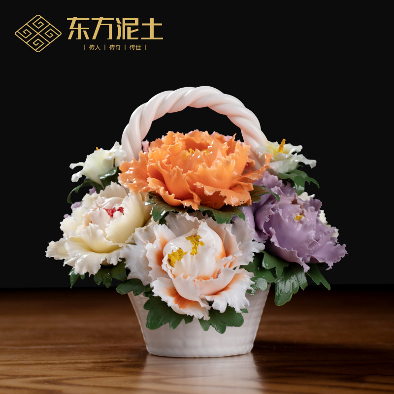 东方泥土《花开富贵》陶瓷手工牡丹花篮装饰品摆件办公室客厅桌面