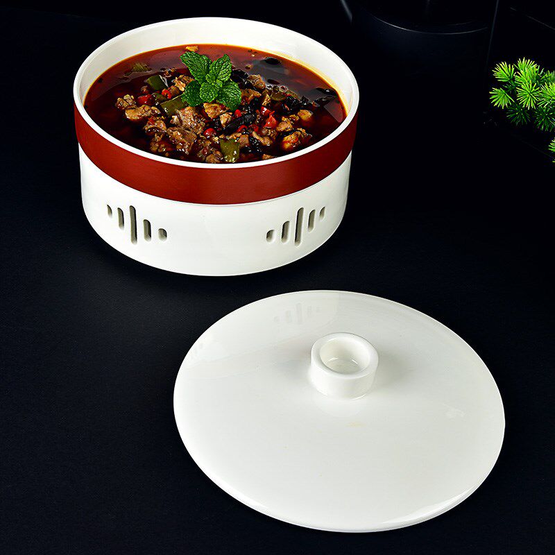 中餐厅胭脂红带盖陶瓷蜡烛保温菜盘子加热汤盘饭店干锅餐具明档炉