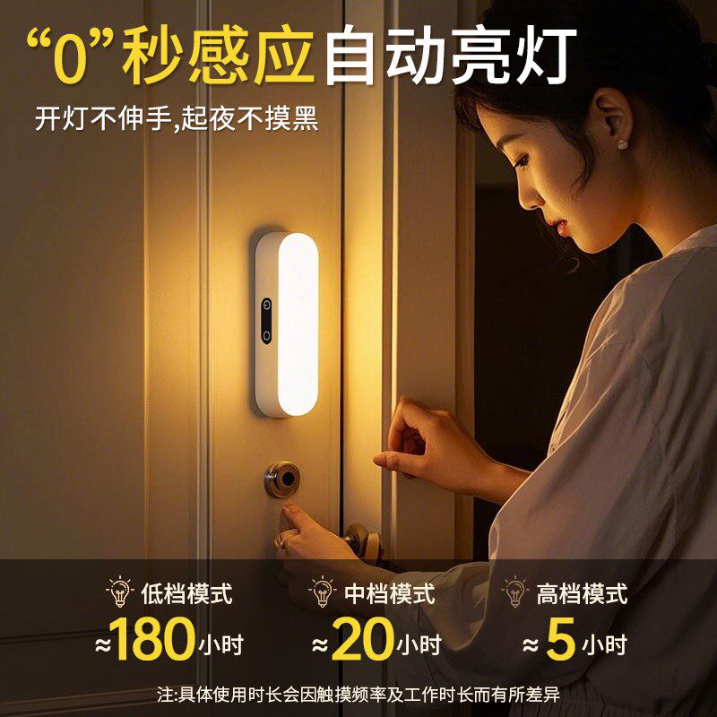 夜间自动感应灯人来即亮小夜灯家用床头灯卧室起夜楼道走廊照明灯