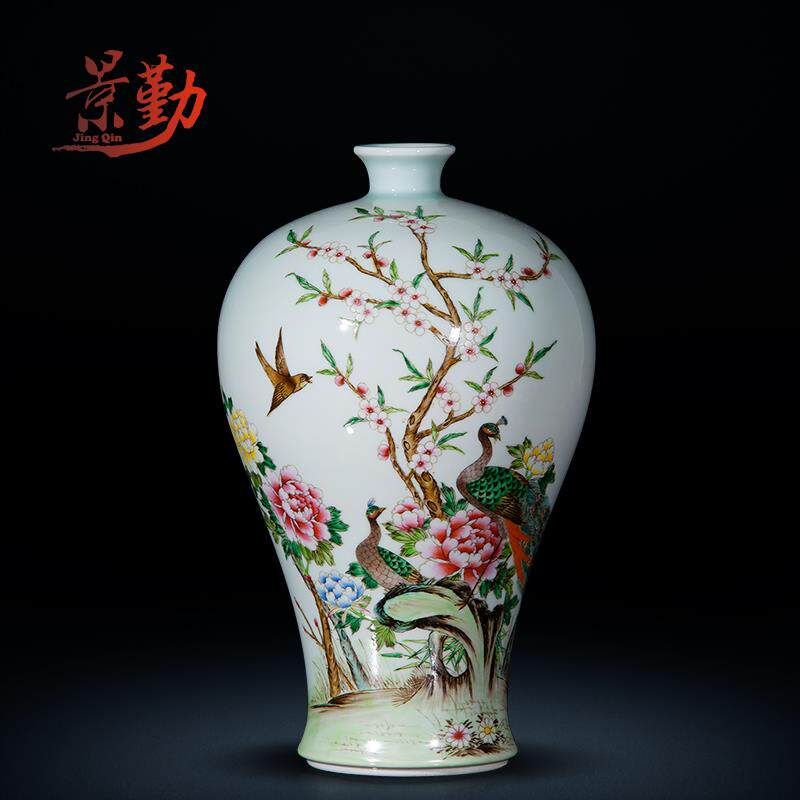 景德镇陶瓷器 仿古青釉花瓶手绘粉彩花鸟梅瓶 家饰工艺品摆件