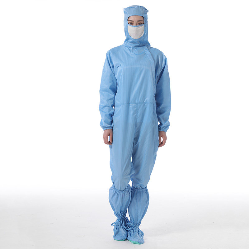 优质净化车间无尘连体工作服带帽男女防静电洁净服侧拉链白色蓝色