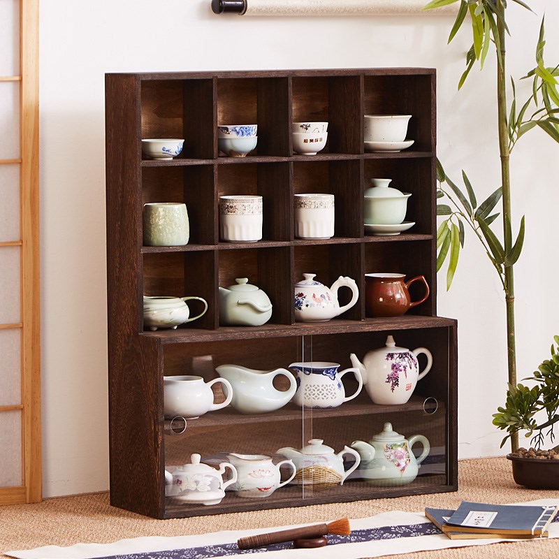 实木茶杯架茶具架紫砂茶壶收纳架中式多宝阁多层格子架防尘收纳柜