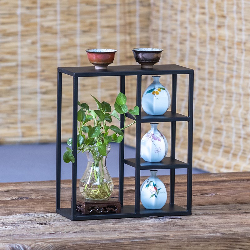 桌面博古架小型茶具紫砂壶茶壶架子铁艺摆件展示架茶室收纳置物架