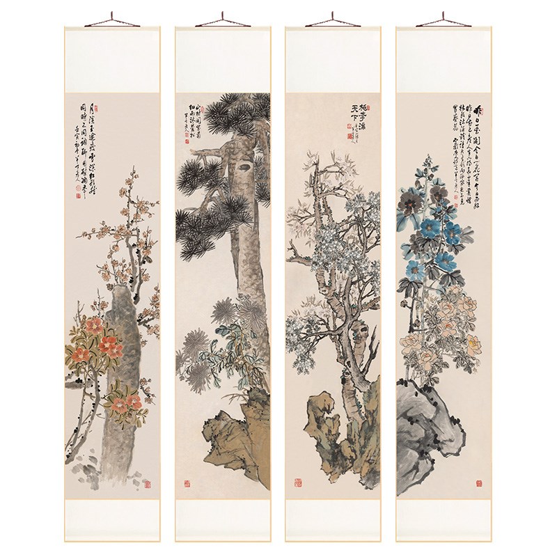 花鸟四条屏新中式卷轴挂画竖版餐厅装饰画书房茶室走廊过道墙壁画