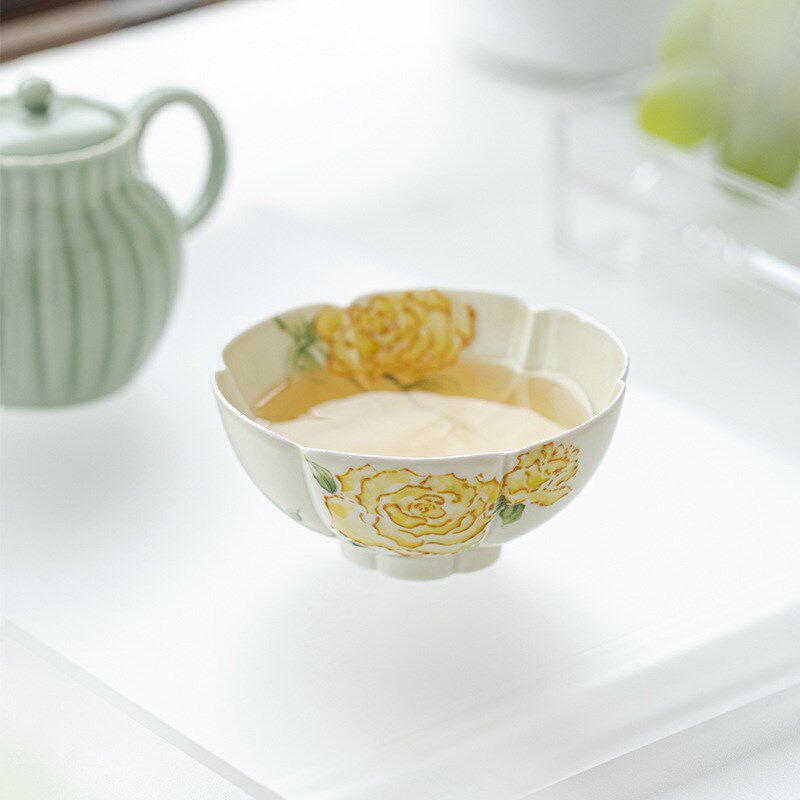 明知山志手绘黄玫瑰花口陶瓷茶杯功夫茶具大容量品茗杯家用单杯