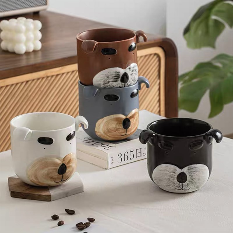 复古可爱呆萌修狗手握杯大容量家用水杯咖啡杯拉花杯情侣杯陶瓷杯
