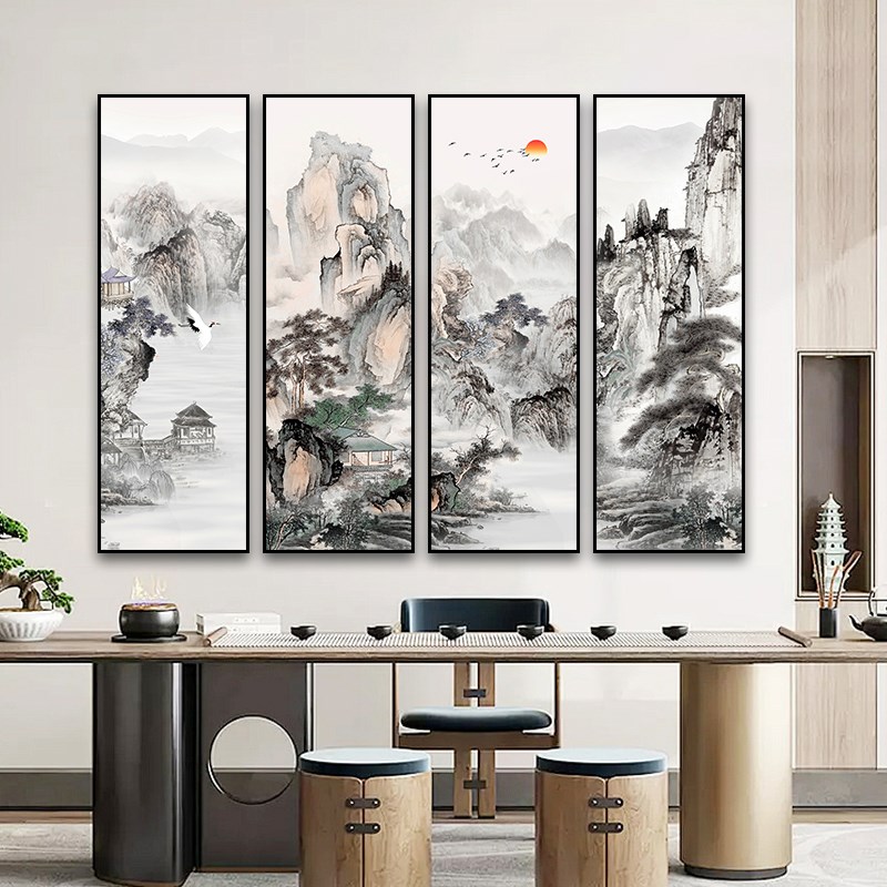 望云楼山水四联画新中式客厅西墙装饰画办公室聚财四条屏挂画国画
