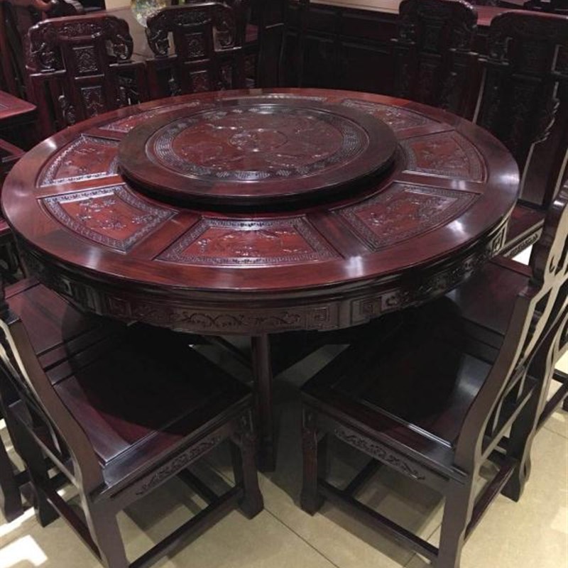 南美酸枝木圆桌餐桌酸枝木餐台组合餐桌椅红木餐桌配6椅进口实木