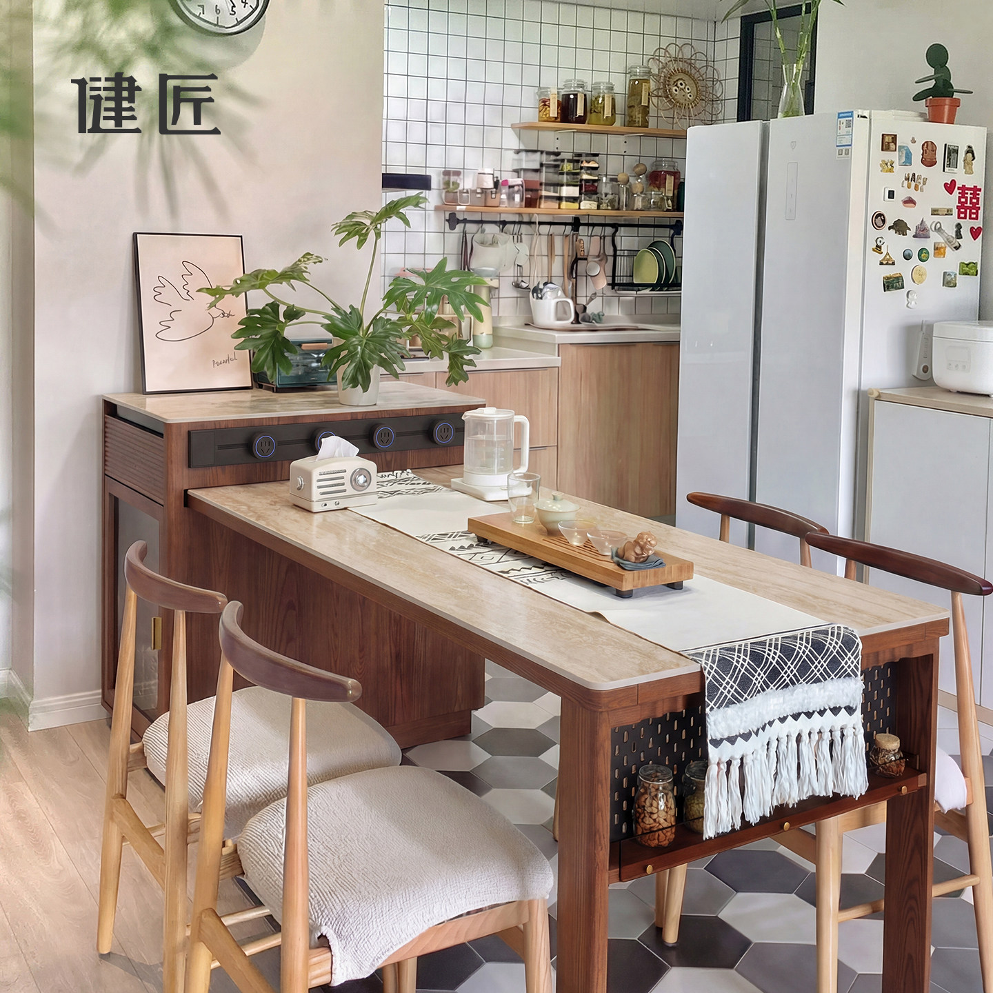 岛台餐桌一体家用可伸缩餐台实木加岩板小户型中古风倒台厨房岛台