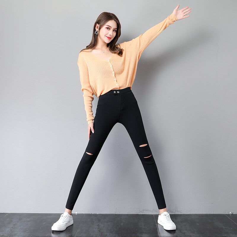 破洞黑色打底裤女外穿春秋2024新款高腰九分小脚铅笔小黑裤夏薄款