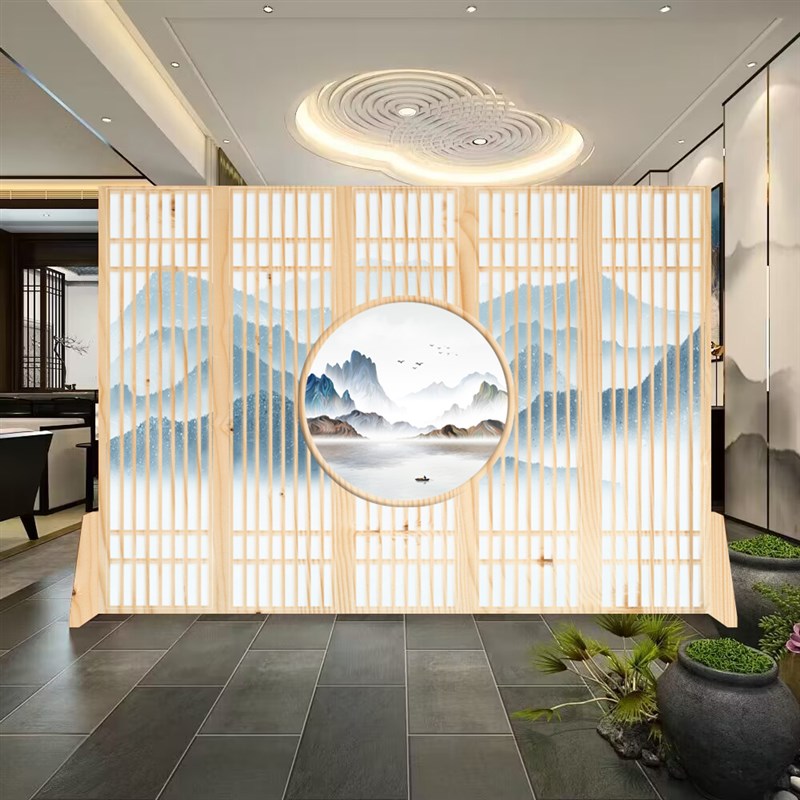 定制新中式中国风原木屏风隔断酒店办公室客厅卧室玄关移动折叠屏
