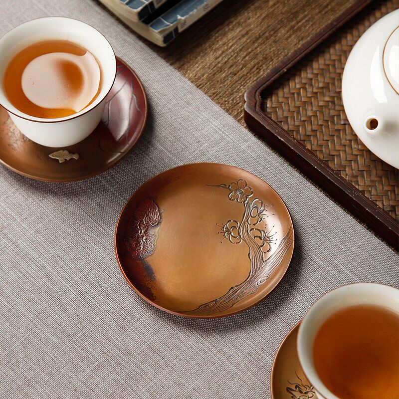 镶银纯铜茶道茶杯垫功夫茶具配件茶托日式隔热小茶垫主人杯架碟子