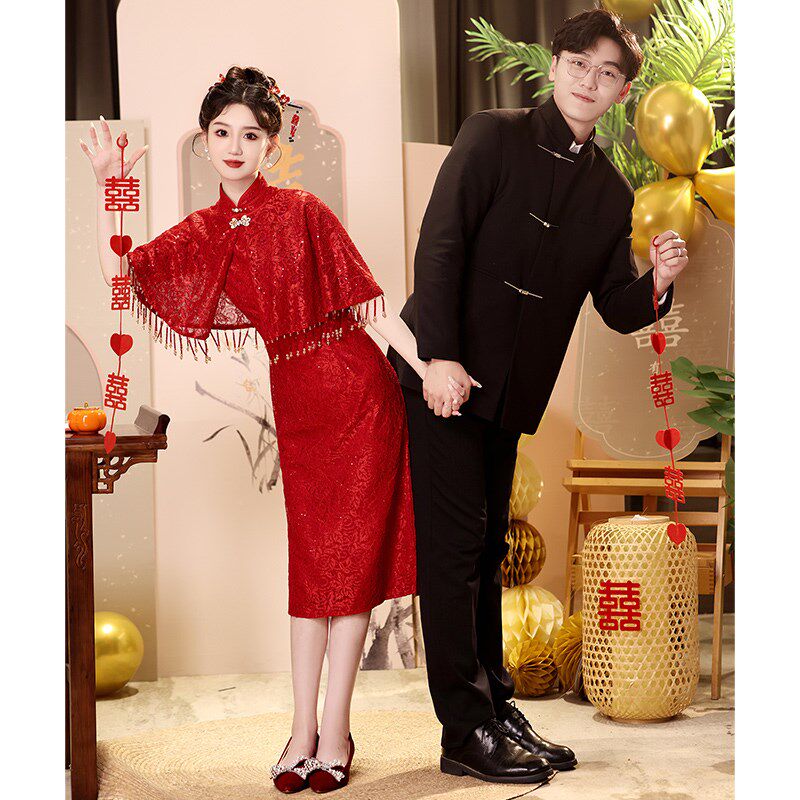 中式旗袍结婚酒红色敬酒服新娘披肩订婚礼服小个子连衣裙平时可穿