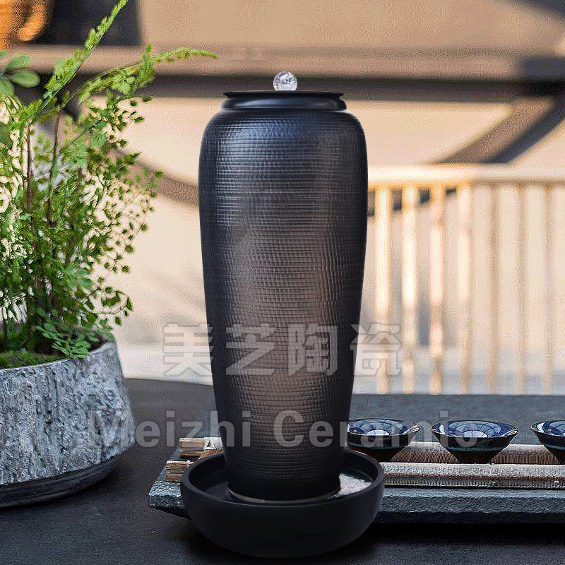 茶室中式陶瓷流水摆件循环水景陶罐水缸喷泉花瓶落地加湿器水晶球