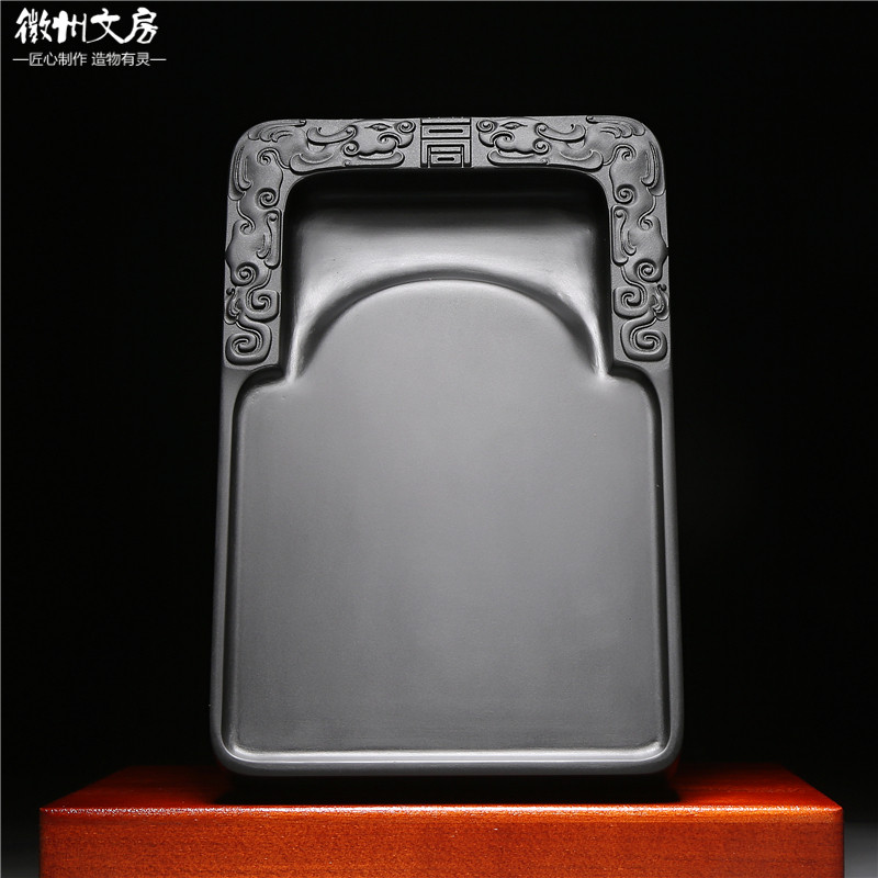 精品歙砚名师双龙祝寿砚台老坑原石书法绘画文房礼品配木盒端砚