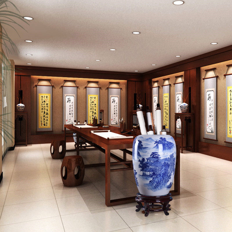 景德镇陶瓷青花瓷直筒大号书画缸卷轴缸字画收纳桶落地箭筒雨伞桶