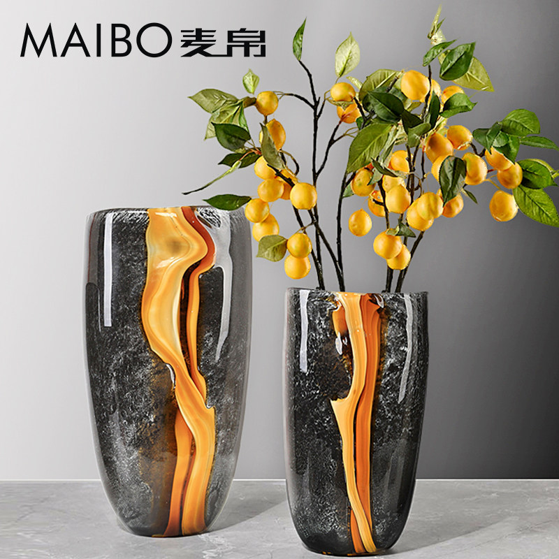 北欧轻奢创意黑色黄纹琉璃花瓶家庭客厅桌面玄关插花水培花器摆件