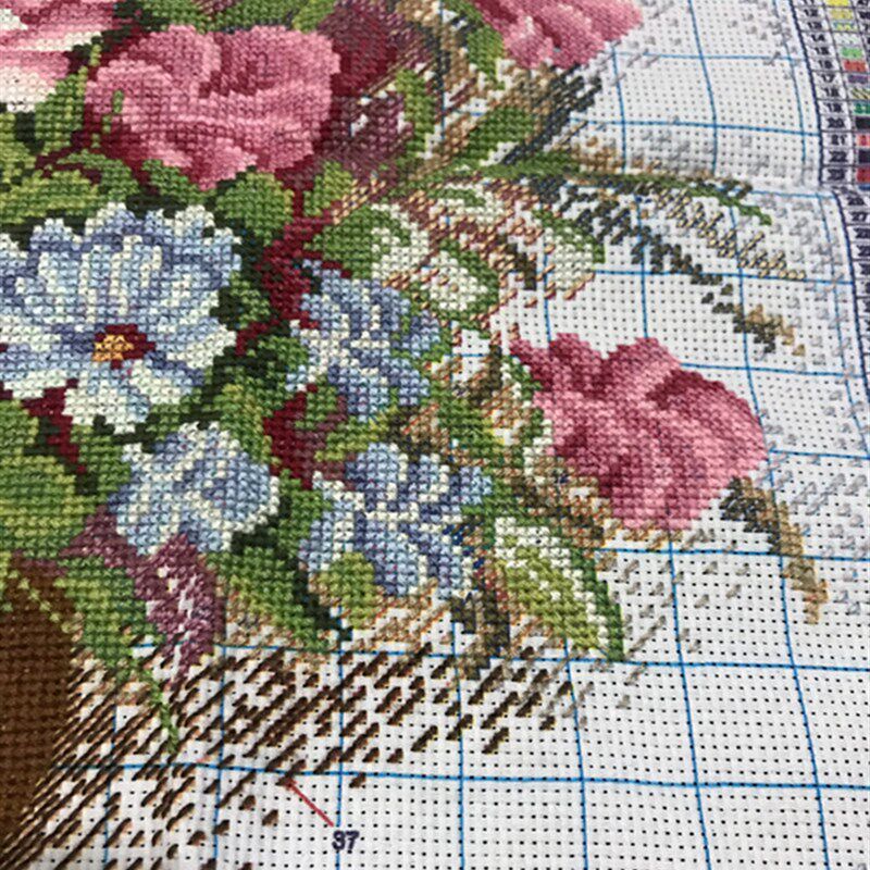 ~纯手工十字绣成品粉色玫瑰花瓶花植物花卉唯美客厅卧室小幅包邮