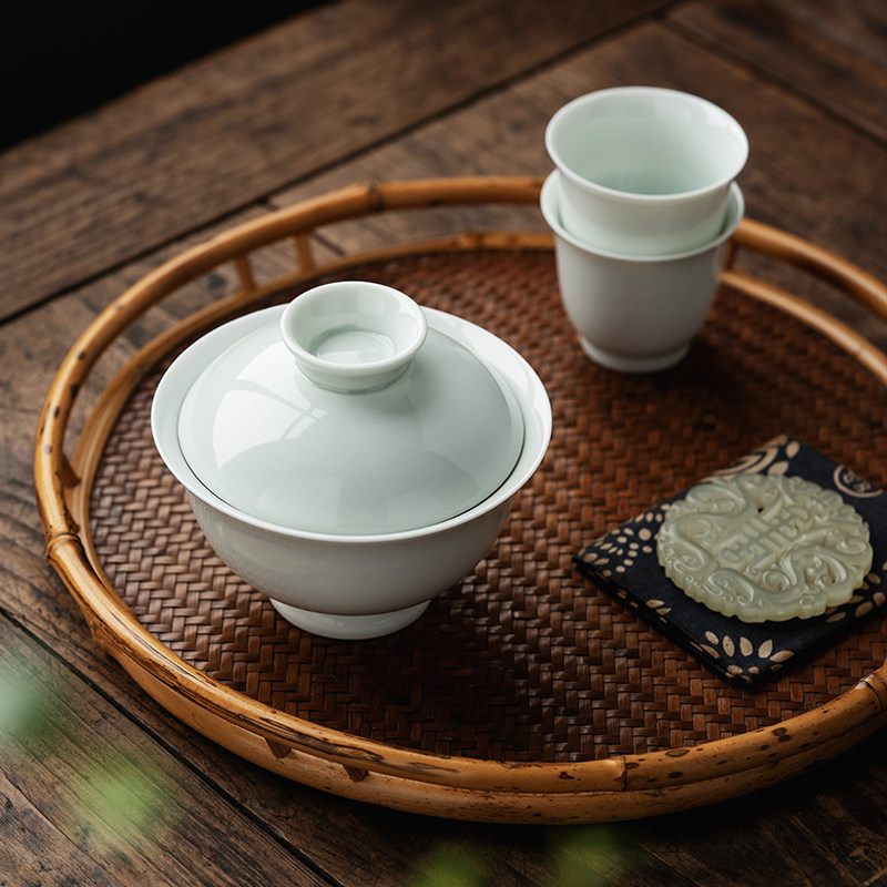 陶瓷影青二才盖碗茶杯功夫茶具套装家用不烫手小号泡茶器单个茶碗