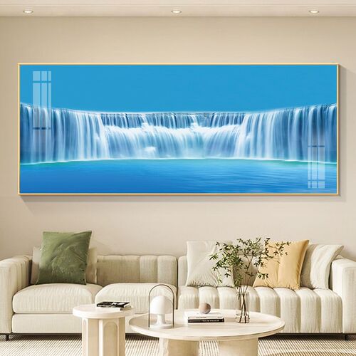 瀑布流水画铝合金框墙上山水挂画轻奢书房客厅玄关走廊过道沙发墙