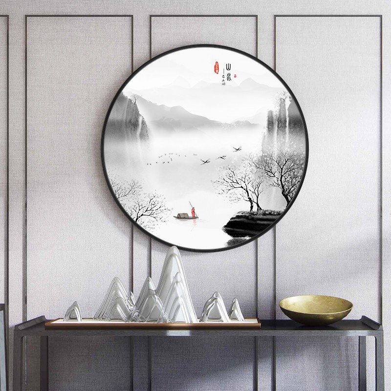 圆形入户玄关挂画茶室风壁画新中式客厅装饰画饭厅书房墙画山水画