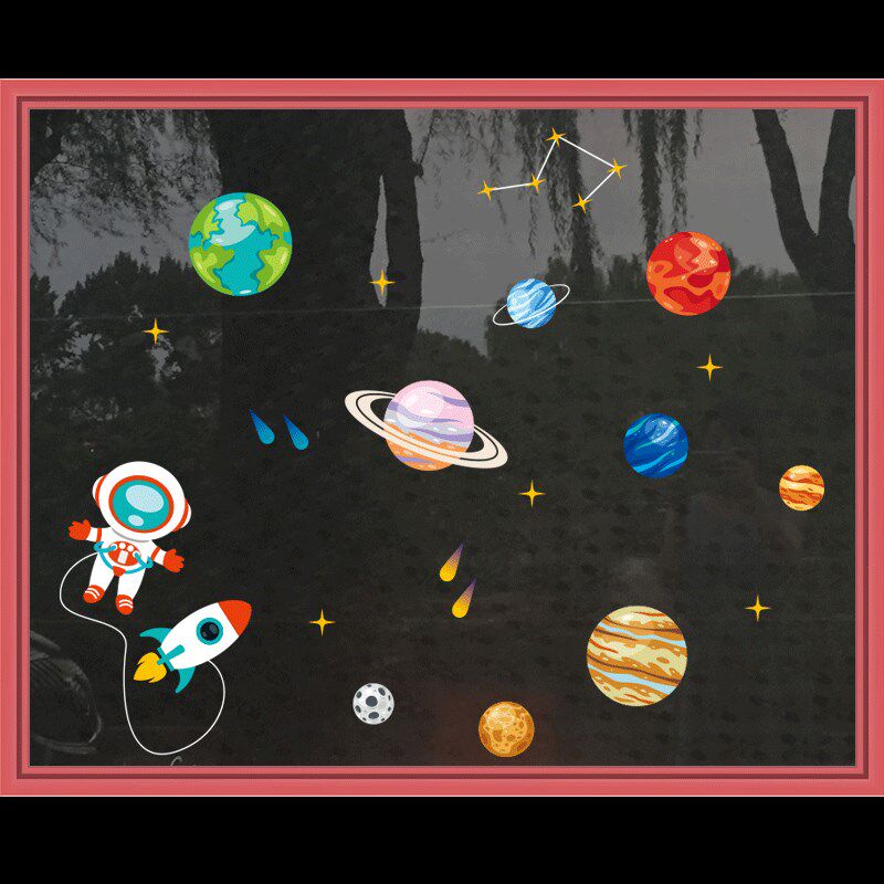星球太空人贴纸店铺橱窗布置免胶贴画幼儿园窗户布置静电玻璃贴纸