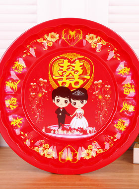 糖果盘 婚礼结婚庆用品 新娘嫁妆大红喜庆铁质敬茶盘婚宴托盘