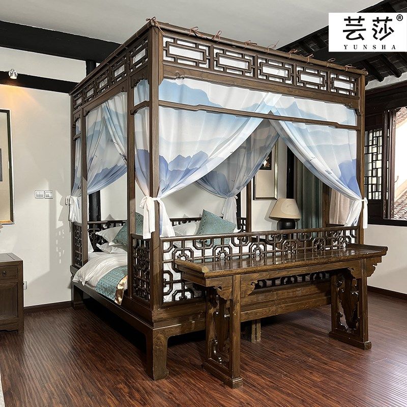 芸莎中式蚊帐仿古典风格双月洞拔步架子床春江山水整体款防蚊床幔