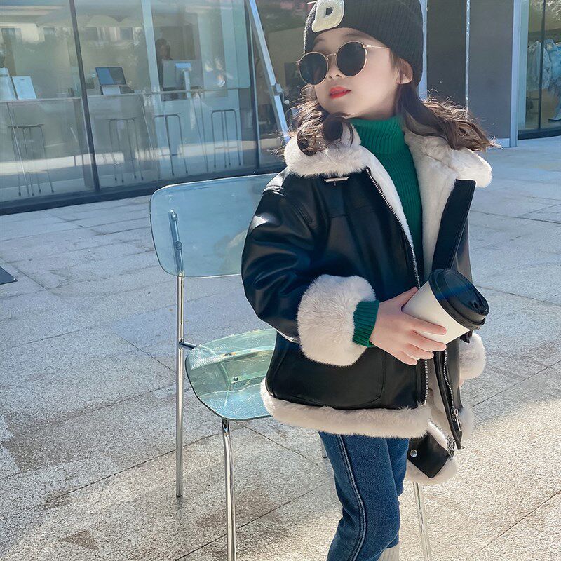 女童皮衣外套冬款2023新款宝宝冬装女孩儿童加厚加绒皮夹克小童装