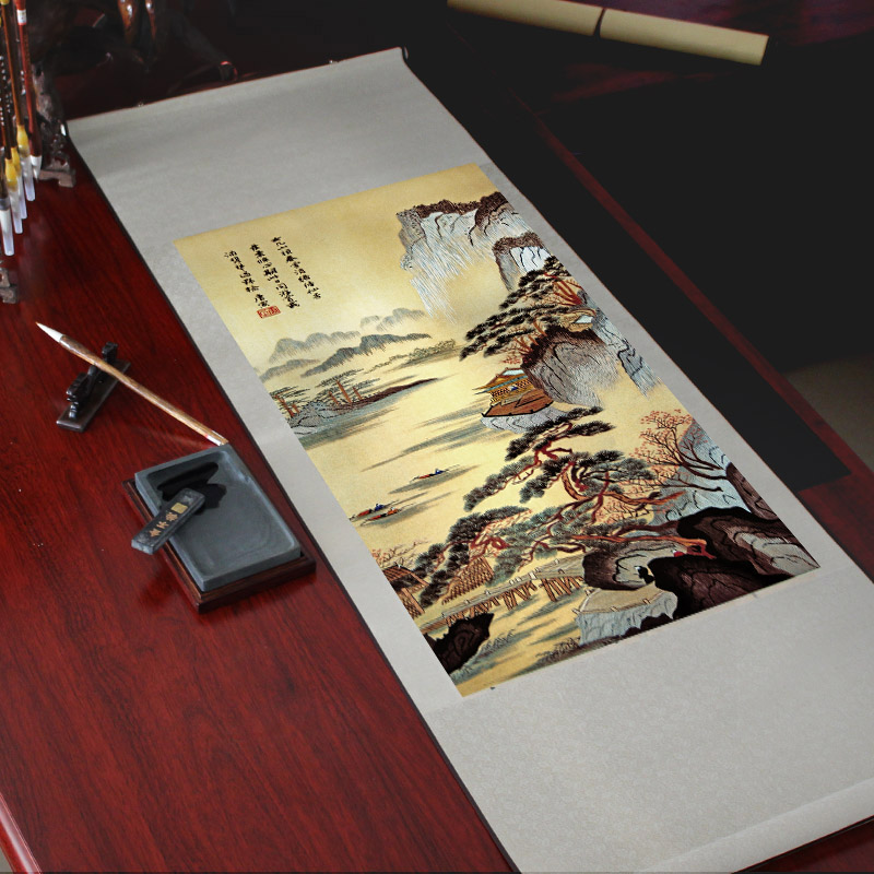 丝绸卷轴画唐伯虎国画山水画古代名画办公室客厅竖版复古装饰挂画