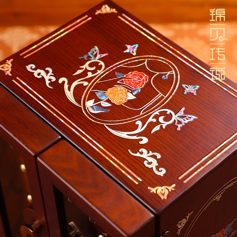 锦贝新婚礼物送新娘老婆生日螺钿实木质高档多层珠宝盒首饰收纳柜
