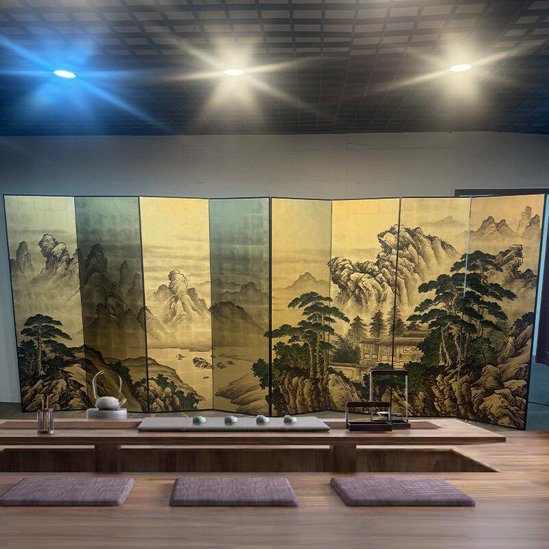 纯手绘金箔山水图定制漆画屏风可够动客厅背景室隔断屏风无须安装