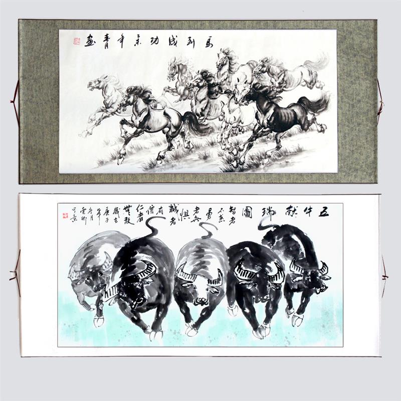 国画马图马到成功骏马办公室字画客厅装饰画卷轴玄关八骏图走兽牛