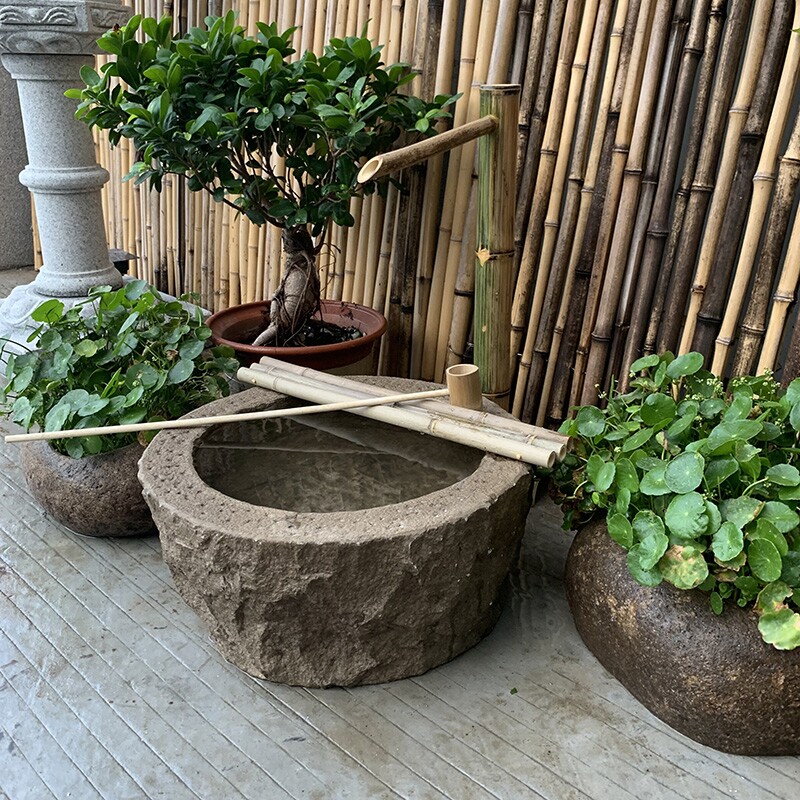 日式庭院流水景观石钵竹子摆件鹅卵石盆水槽水钵小景石槽室外装饰