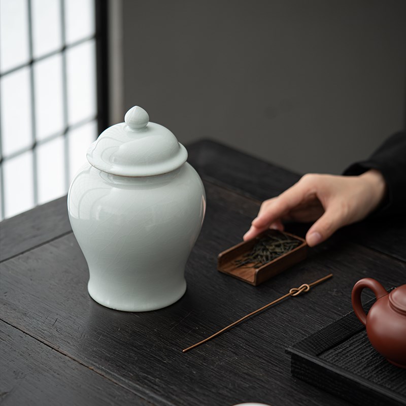 汝窑茶叶罐陶瓷密封罐家用储存罐将军罐开片茶叶包装盒红绿普茶仓