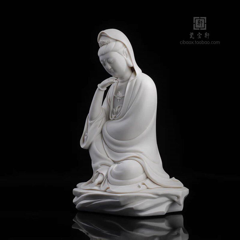陶瓷静思沉思坐岩石观世音菩萨德化白瓷茶禅意空间家居玄关摆件