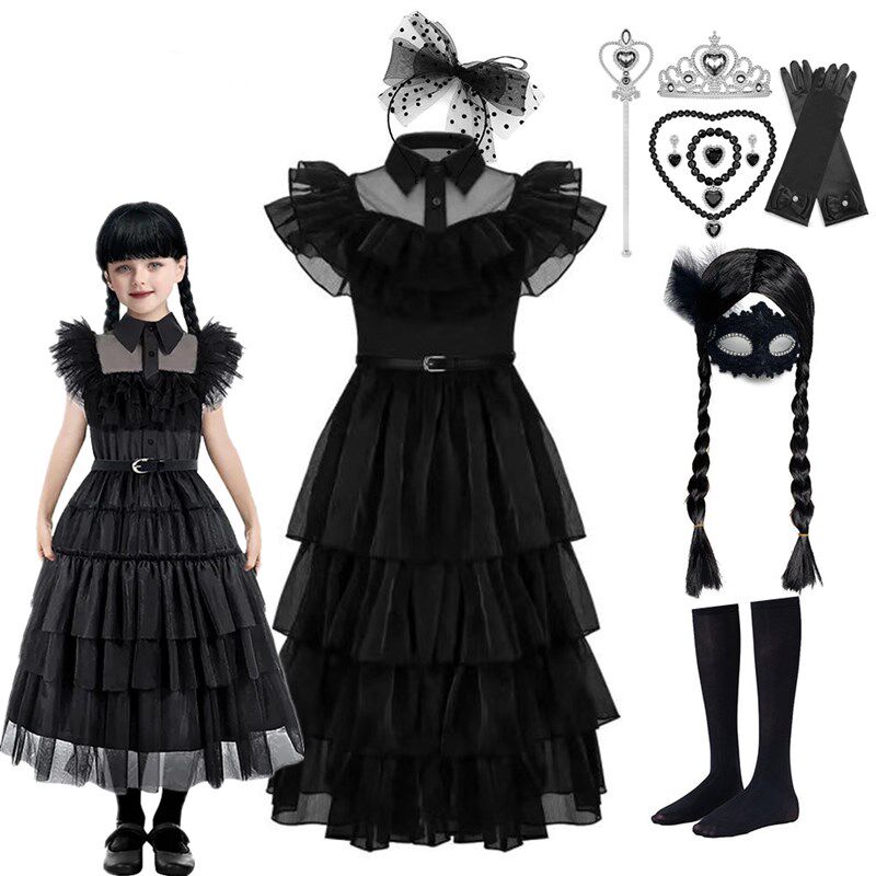 奇幻电视剧《星期三》中的女主角cos服亚当斯一家黑色雪纺女孩裙