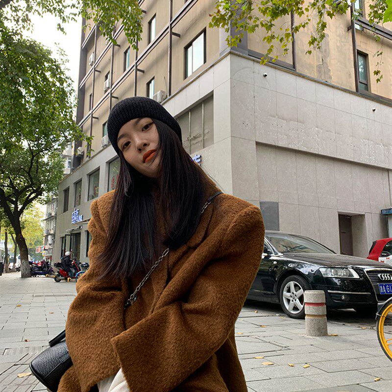 洛边焦糖色色新冬大衣博主风宽松中长款西装领双排扣外套羊毛毛呢