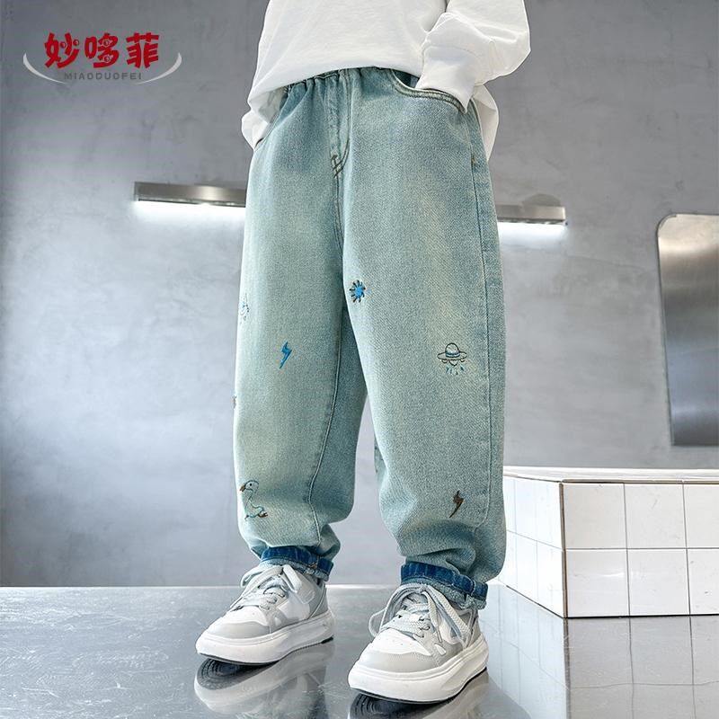 男童牛仔裤春秋款2025新款潮儿童裤子男孩休闲宽松直筒中大童春装