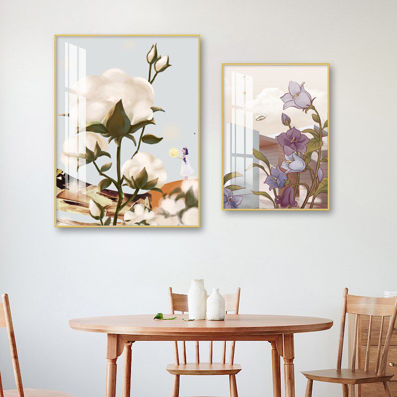 餐厅装饰画饭厅壁画客厅清新风景时钟两联轻奢创意组合晶瓷挂画