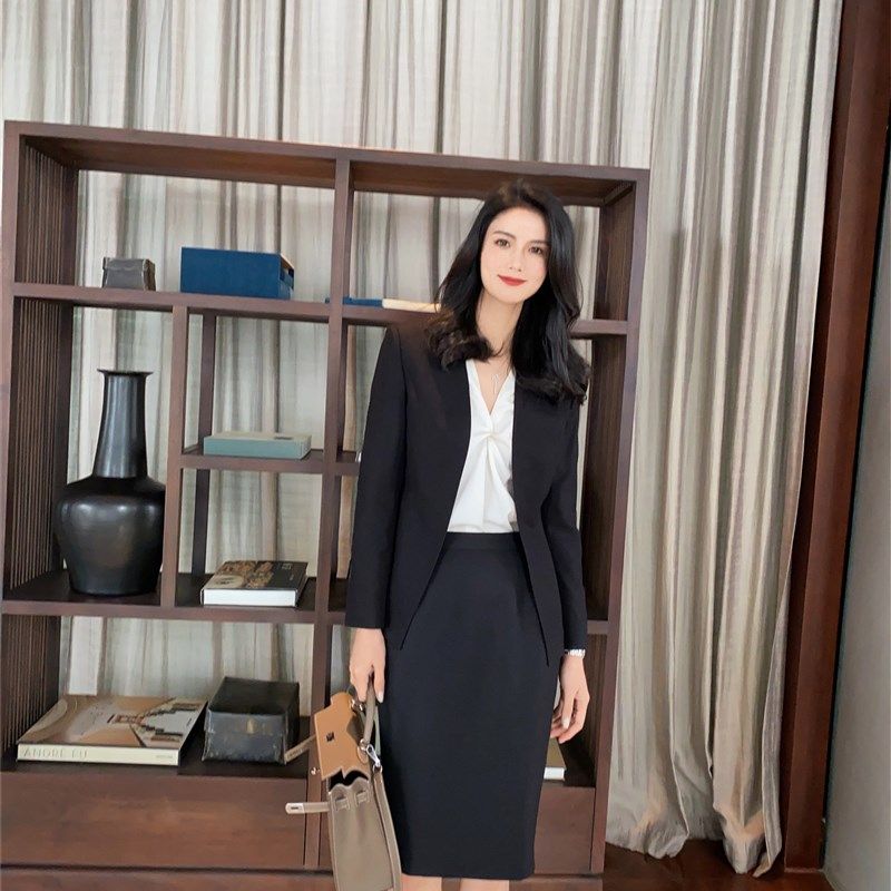 新款职场套裙修身西装套装女V领时尚两件套