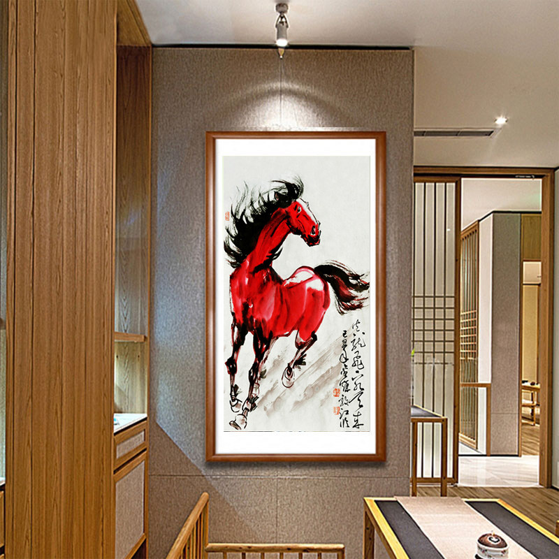 红马丝绸画 汗血宝马国画 客厅餐厅中式装饰挂画 动物 卷轴画包邮