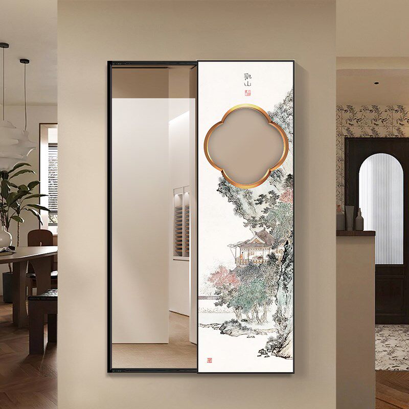 观山中式进门玄关全身镜壁挂式画镂空穿衣镜挂墙画推拉隐藏镜子画