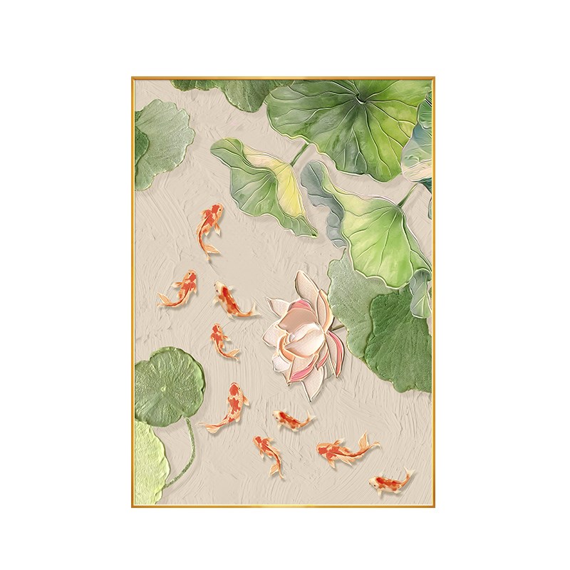 九鱼图玄关装饰画新中式入户正对门荷花挂画走廊过道寓意好的壁画