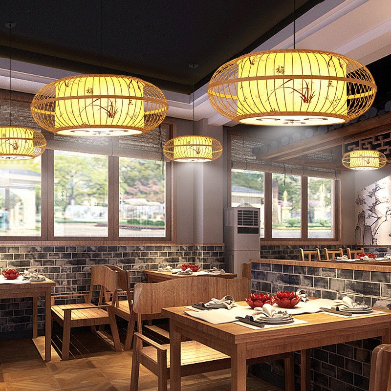 中式饭店餐馆包厢吊灯火锅店竹编手工餐厅酒店竹艺灯具编织带射灯