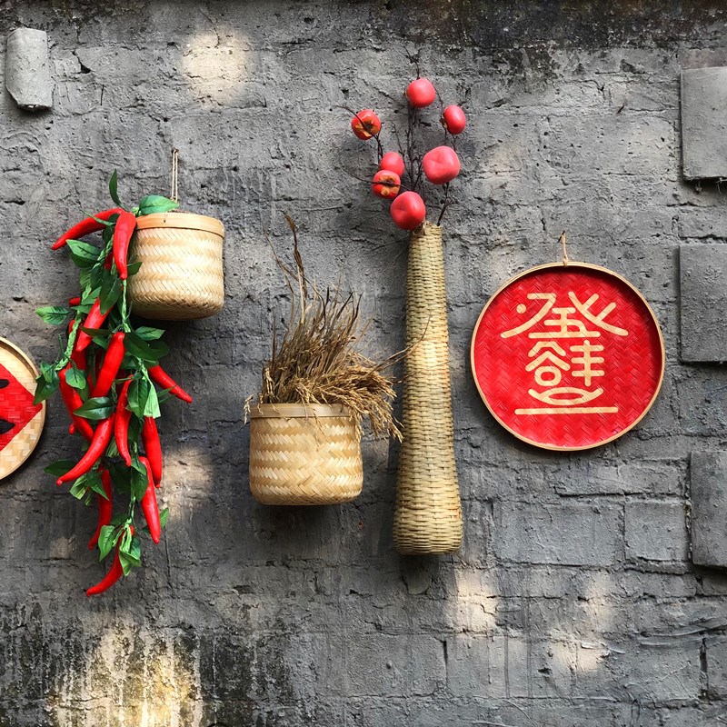 竹编复古乡村墙饰农家乐背景墙装饰挂件丰收五谷丰登餐馆农庄壁饰