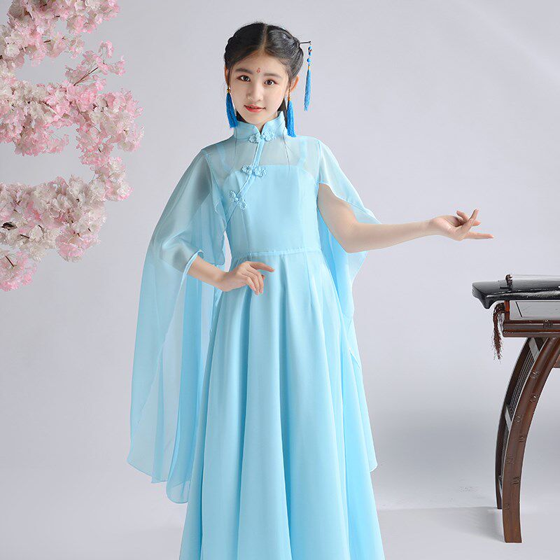 儿童款古筝演出服女中大童仙女飘逸中国风钢琴二胡表演服舞蹈长裙
